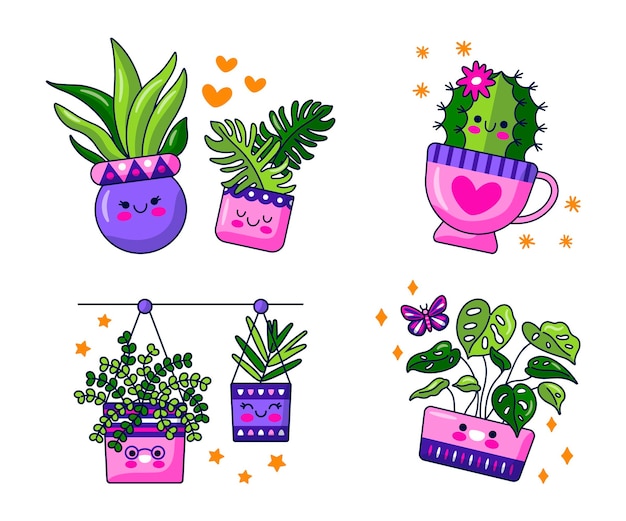 Vecteur gratuit stickers fleurs et plantes kawaii