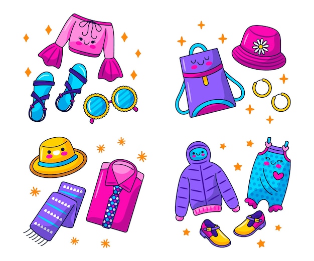 Vecteur gratuit stickers vêtements et accessoires kawaii