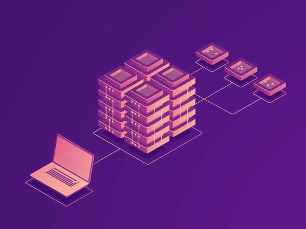 Stockage de données en nuage, routage du trafic Internet, salle des serveurs, flux de données pour ordinateurs portables, téléchargement de données à distance