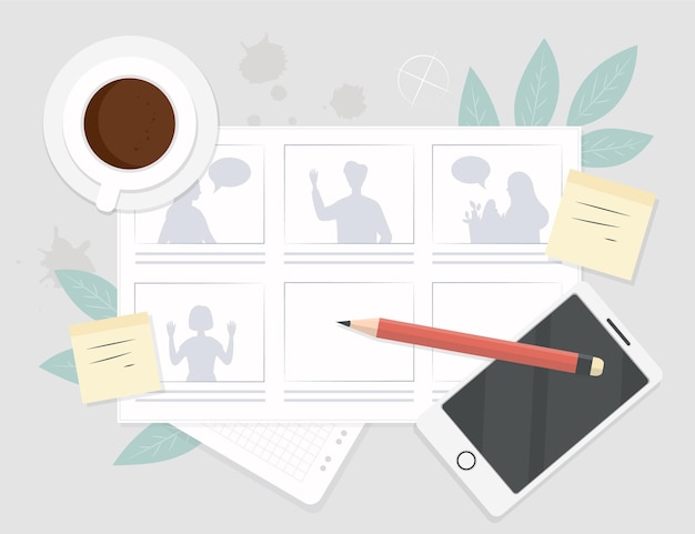Vecteur gratuit storyboard avec café et téléphone intelligent