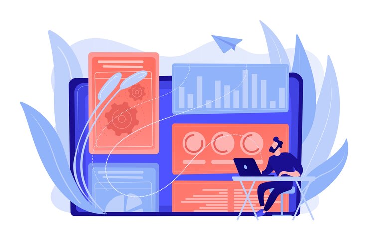 Vecteur gratuit stratège en marketing numérique travaillant avec les technologies et les médias numériques. modélisation d'attribution, analyse de la marque et concept d'outils de mesure. illustration isolée de bleu corail rose