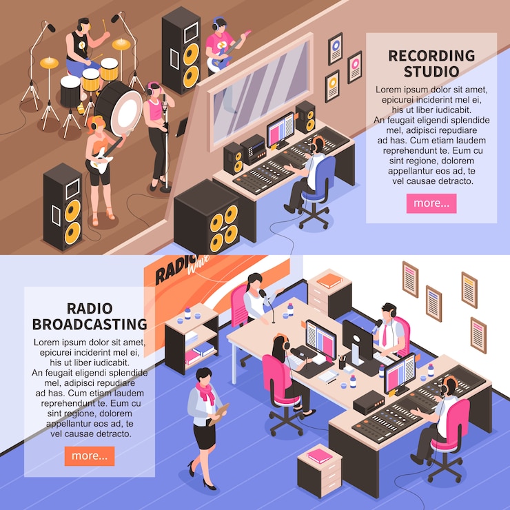 Vecteur gratuit studio d'enregistrement et radio diffusant des bannières horizontales avec un annonceur de groupe de musique et des présentateurs de nouvelles isométriques