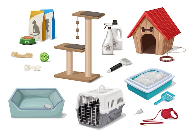 Vecteur gratuit style de bande dessinée animalerie supermarché chien et chat litière maison jouer arbre jouets outils de toilettage pack alimentaire