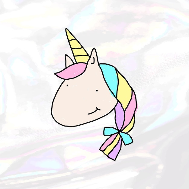 Vecteur gratuit style de doodle licorne mignon dessiné à la main sur le vecteur de fond holographique