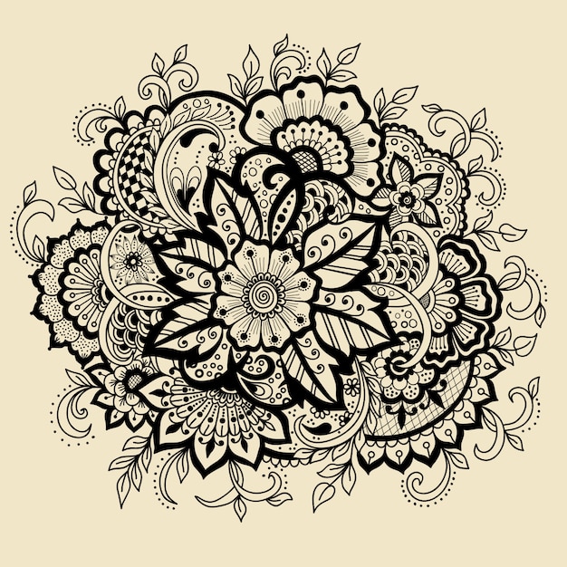 Style indien traditionnel, éléments floraux ornementaux pour tatouage au henné,