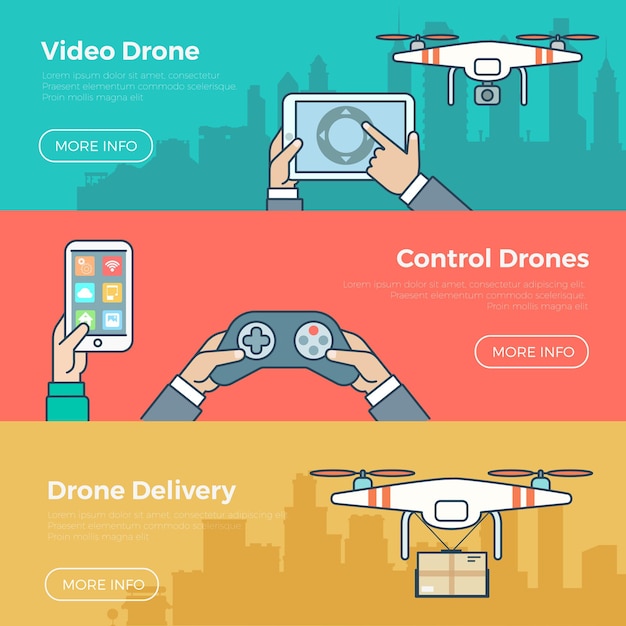 Style Plat Drone Quadcopter Livraison Concept Web Infographie Vecteur Bannière