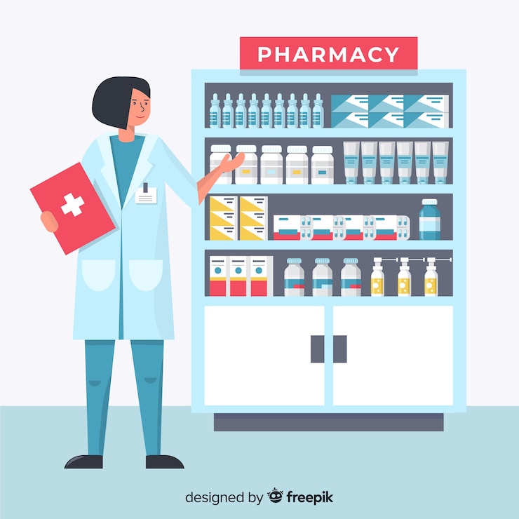 Vecteur gratuit style plat de pharmacie concept fond