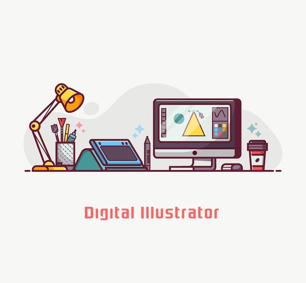 Style de vie de conception graphique avec illustrateur numérique ou espace de travail d'artiste avec outils et équipement de style plat. bannière de vecteur de concept de dessin numérique.
