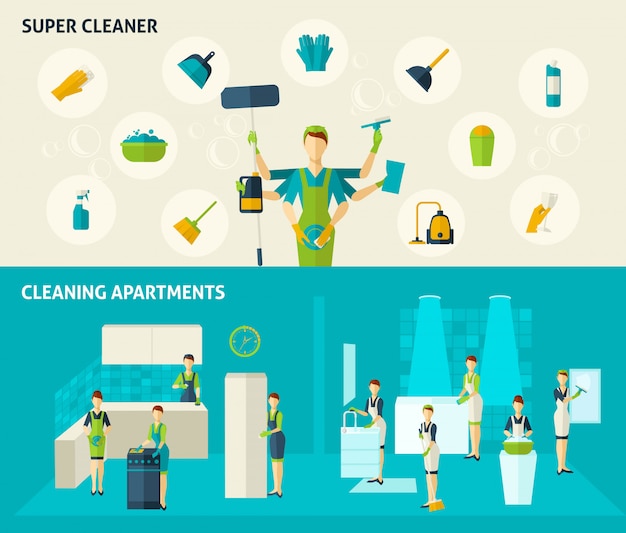 Vecteur gratuit super cleaner flat banners set