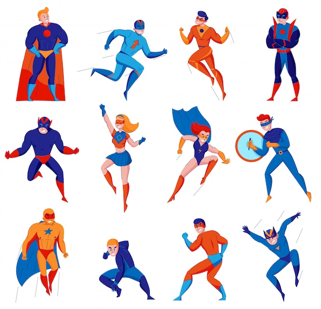 Vecteur gratuit super-héros bande dessinée bande dessinée personnages de jeux électroniques avec superman batwoman araignée homme merveille femme isolée