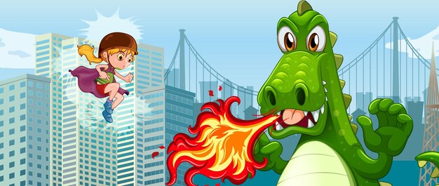 Super-héros combattant un dragon vert en ville