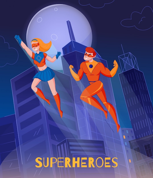 Super-héros Volants Planant Au-dessus Des Tours De La Ville De Nuit Bande Dessinée Merveille Femme Super Homme Personnages Affiche De Fond