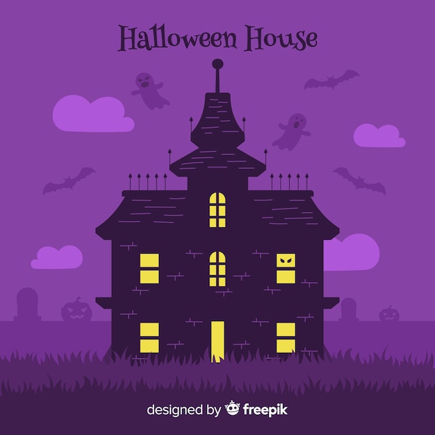 Vecteur gratuit superbe maison hantée d'halloween au design plat