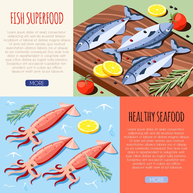 Vecteur gratuit superfood de poisson et bannières horizontales de fruits de mer sains avec du poisson frais et des calamars illustration vectorielle isométrique