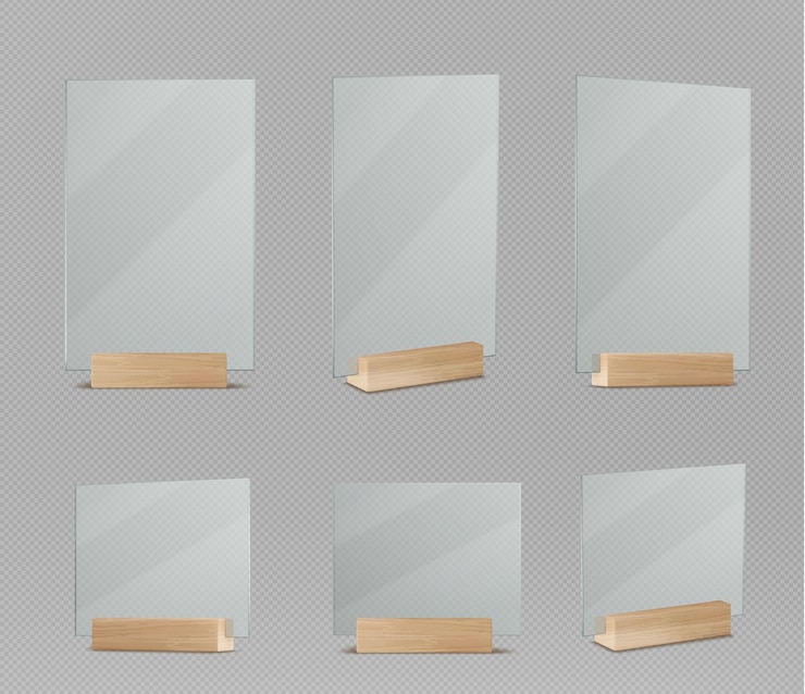 Vecteur gratuit support d'affichage en verre support de table maquette vecteur dépliant en plexiglas pour menu ou bannière photo dans un restaurant sur base en bois rendu 3d d'une étiquette d'information publicitaire de bureau a4 moderne vide avec piédestal
