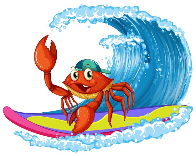 Vecteur gratuit surf de personnage de dessin animé de crabe mignon