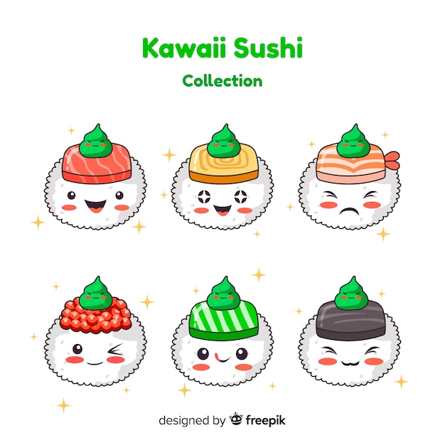 Sushi dessinés à la main avec une collection de wasabi