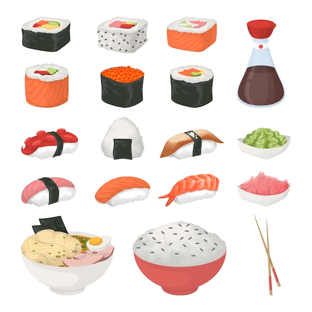 Vecteur gratuit sushi set sur fond blanc rolls et sushi sashimi et soupe soy souce