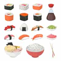 Vecteur gratuit sushi set sur fond blanc rolls et sushi sashimi et soupe soy souce