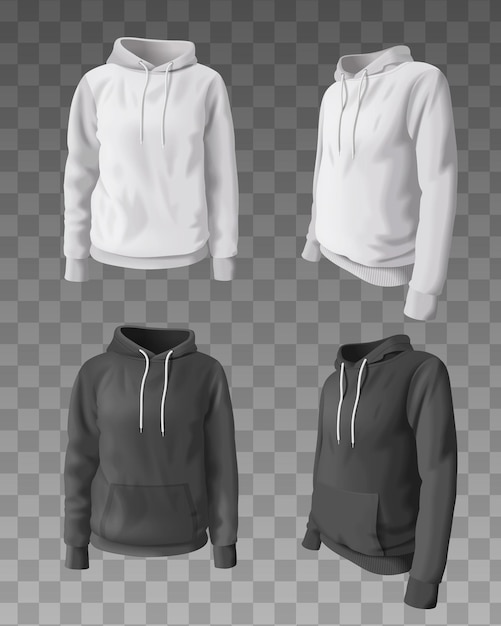 Sweats à Capuche Réalistes Et Maquette De Sweat à Capuche Dans Des Couleurs Blanches Et Noires Sur Fond Transparent Illustration Vectorielle Isolée