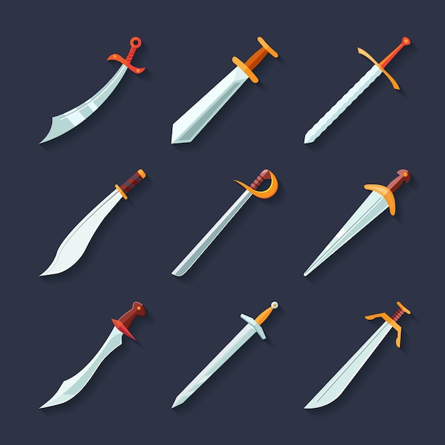 Vecteur gratuit swords couteaux daggers lames pointues plat icône ensemble isolé illustration vectorielle