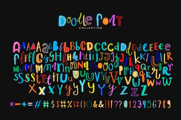 Vecteur gratuit symbole de l'alphabet doodle jeu coloré de style de police