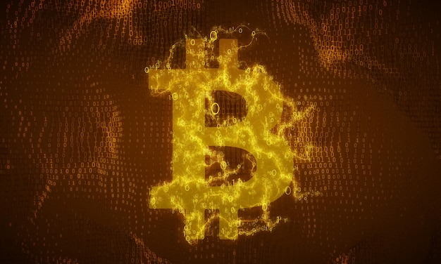 symbole Bitcoin doré construit avec des nombres binaires fluides.