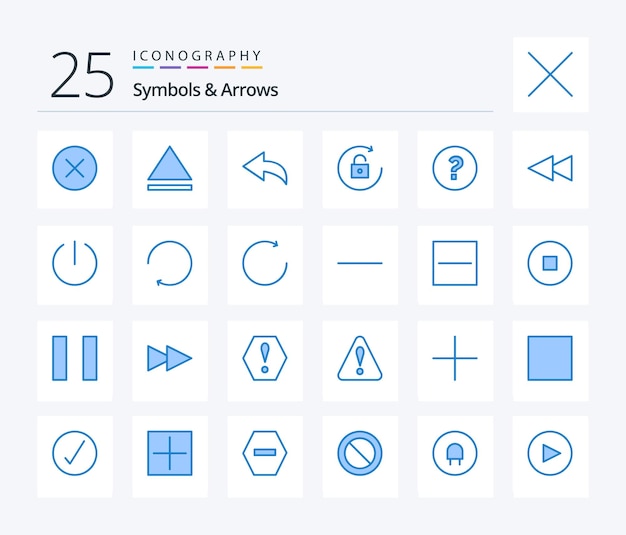 Vecteur gratuit symboles flèches 25 pack d'icônes de couleur bleue comprenant un interrupteur à flèche déverrouillé vers l'arrière
