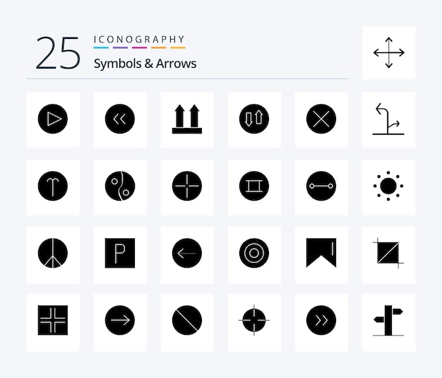 Vecteur gratuit symboles flèches 25 pack d'icônes solid glyph, y compris la navigation, fermer les flèches de transport en continu