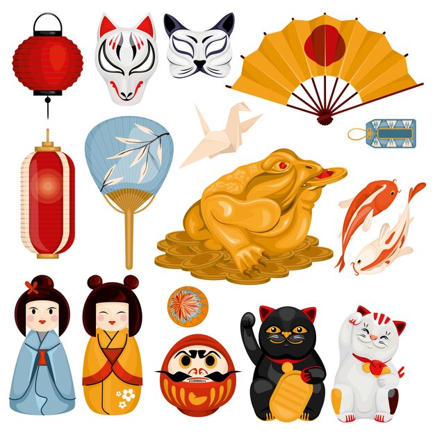 Symboles de fortune culturelle nationale asiatique japonaise sertie d'images isolées de masques de poupées et de lanternes suspendues illustration vectorielle