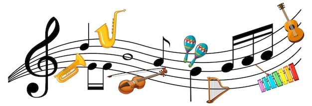 Symboles de mélodie musicale avec de nombreux personnages de dessins animés pour enfants doodle