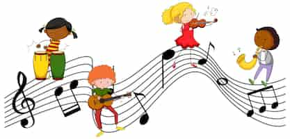 Vecteur gratuit symboles de mélodie musicale avec de nombreux personnages de dessins animés pour enfants doodle