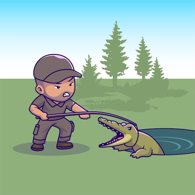 Vecteur gratuit un sympathique gestionnaire d'animaux attrapant un crocodile icon de dessin animé vectoriel illustration profession animale isolée