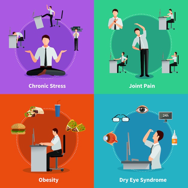 Syndrome De Bureau 2x2 Plat Ensemble De Maladies Comme Résultats De Travail Sédentaire