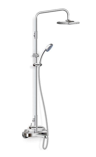 Système de douche en acier réaliste sur blanc avec deux têtes différentes et robinets fermés