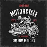 Vecteur gratuit t-shirt imprimé avec moto dessinée à la main sur fond sombre et texture grunge