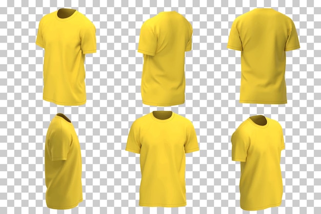 T-shirt jaune pour hommes dans différentes vues avec un style réaliste