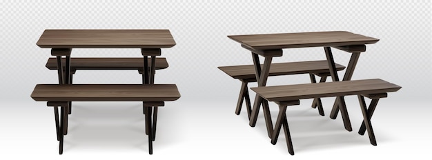 Vecteur gratuit table en bois sombre pour pique-nique avec de longs bancs sur les côtés set d'illustration vectorielle 3d réaliste de meubles de jardin en bois pour barbecue ou déjeuner en plein air bureau avec sièges pour le camping et la salle à manger