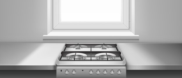 Table De Cuisine Et Cuisinière à Gaz Avec Plaques De Cuisson Et Grilles En Acier Noir. Illustration Réaliste De La Table De Cuisson En Métal Et Du Comptoir De Cuisine Gris Près De La Fenêtre. Four Inoxydable Pour La Cuisson