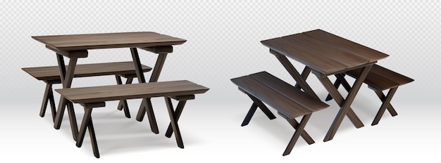 Vecteur gratuit table de pique-nique en bois 3d en plein air avec banc pour jardin