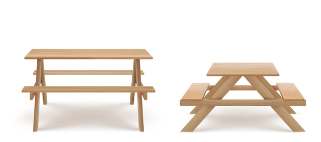 Vecteur gratuit table de pique-nique en bois avec de longs bancs vecteur 3d