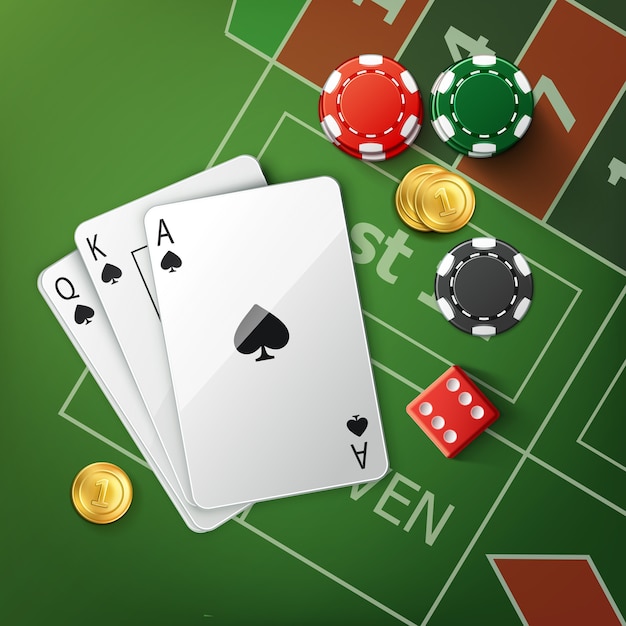 Vecteur gratuit table de poker vert vector avec cartes à jouer, dés rouges, pièces d'or et piles de jetons de casino vue de dessus