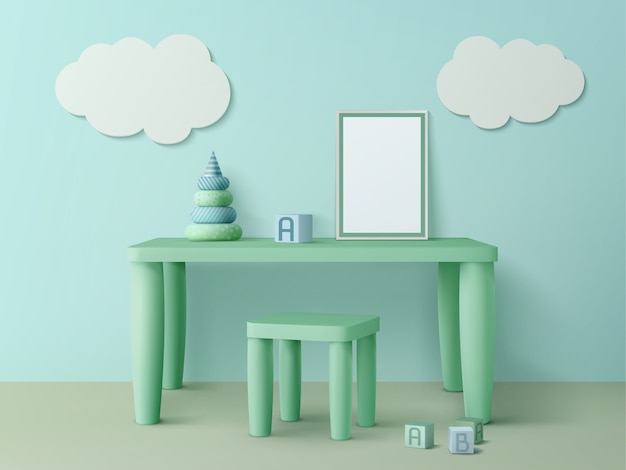 Table pour enfants avec maquette d'affiche, chaise, cubes de jouet, pyramide et décoration de nuage sur le mur
