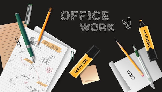 Vecteur gratuit tableau noir de travail de bureau avec des feuilles de papier avec des notes éparpillées dessus illustration vectorielle réaliste