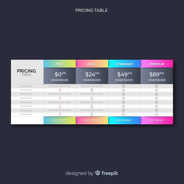 Vecteur gratuit tableau de tarification