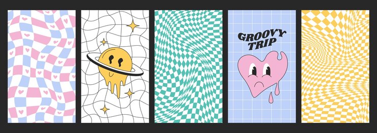 Vecteur gratuit des tableaux d'échecs psychédéliques ou des arrière-plans à motifs sans couture à échecs tordues avec des autocollants hippie groovy