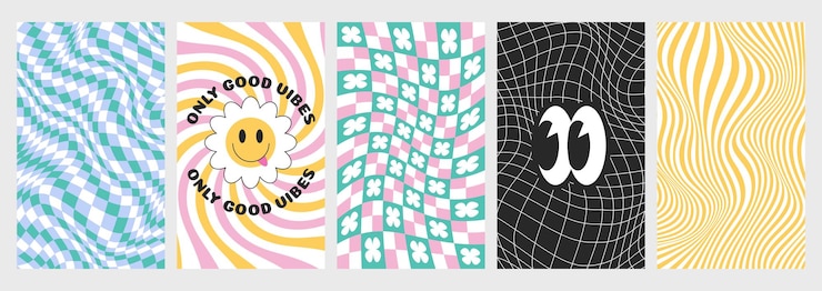 Vecteur gratuit des tableaux d'échecs psychédéliques ou des arrière-plans à motifs sans couture à échecs tordues avec des autocollants hippie groovy