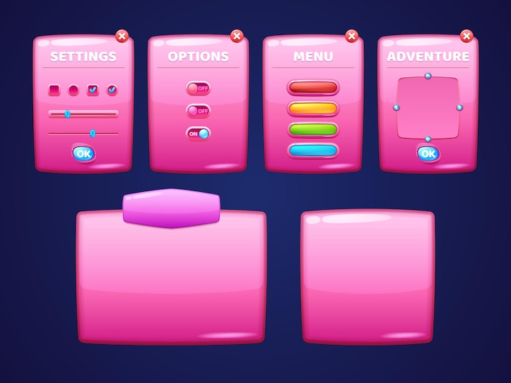 Vecteur gratuit tableaux roses brillants avec boutons pour l'interface de jeu