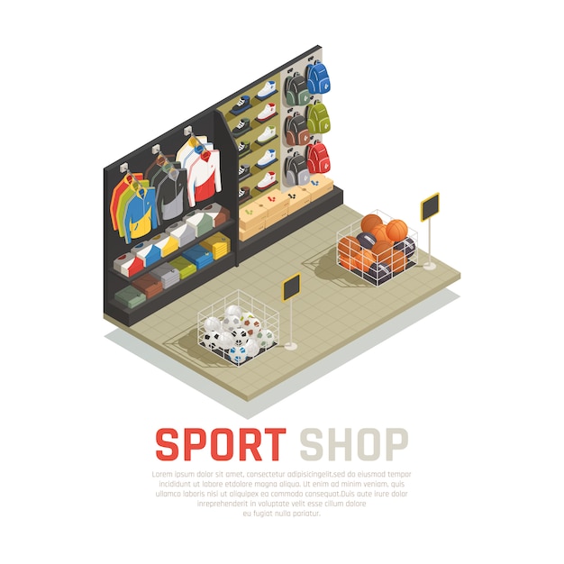 Étagères de composition isométrique de magasin de sport avec des sacs à dos, vêtements et chaussures, équipement de jeu