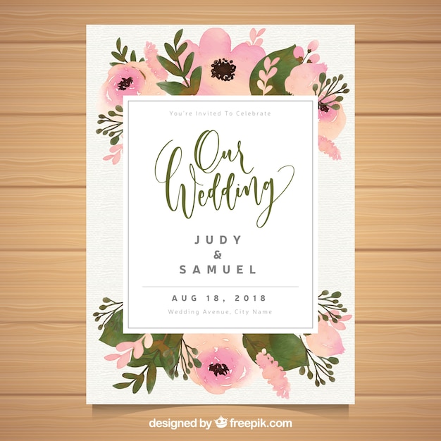 Vecteur gratuit tamplate d'invitation de mariage floral aquarelle